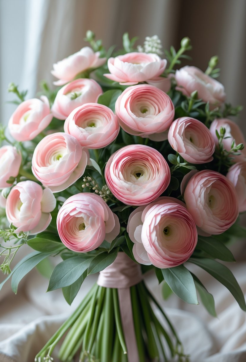 A close-up of a light pink ranunculus flower bouquet with green leaves.