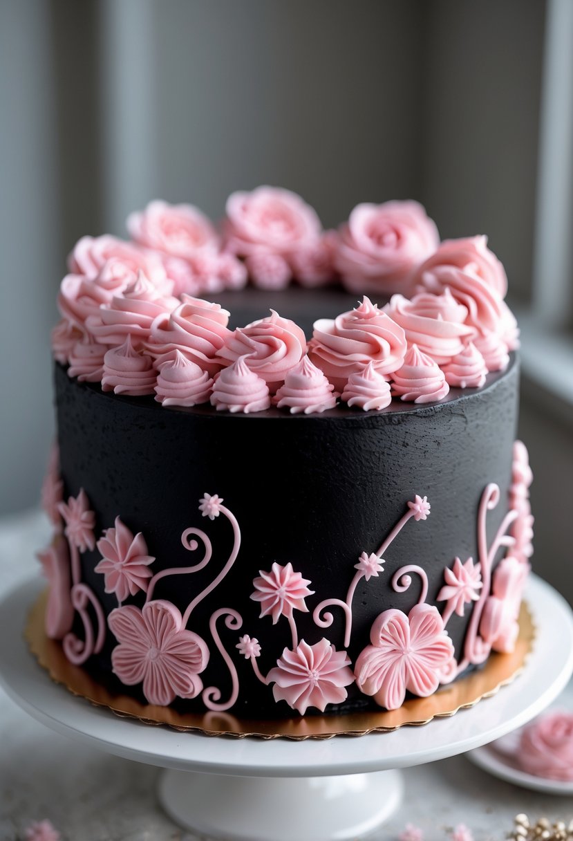 A black cake decorated with pink floral frosting piping on a white cake stand.