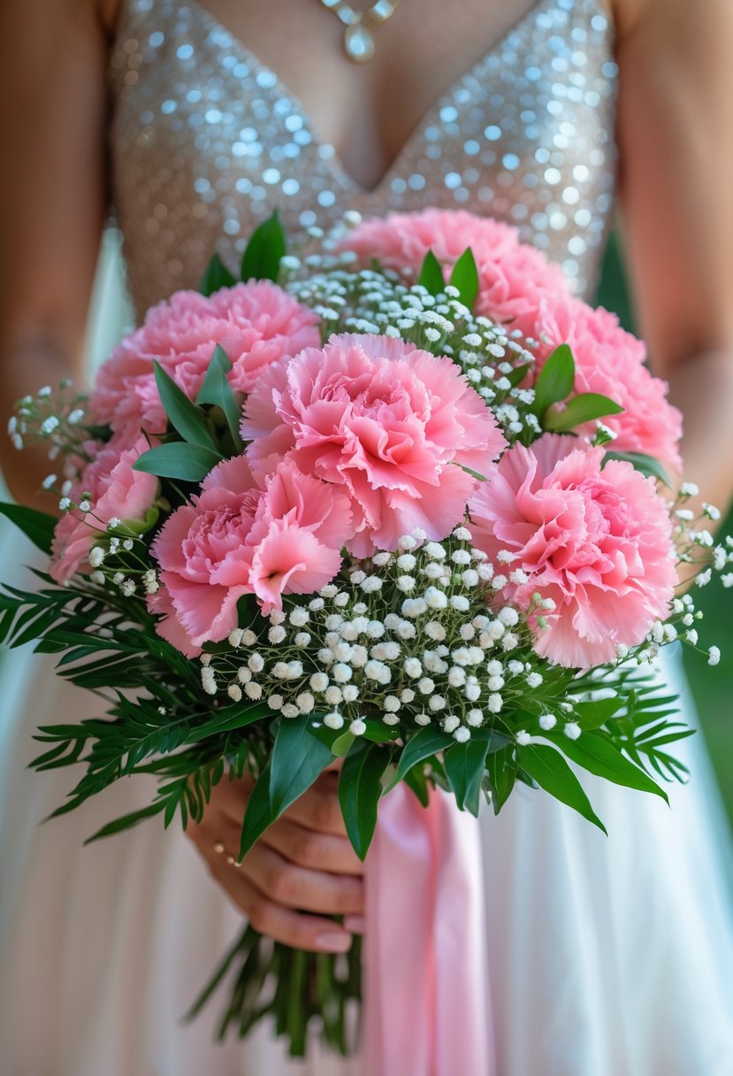 A bouquet of pink carnations and white baby's breath flowers with green leaves held in hands.