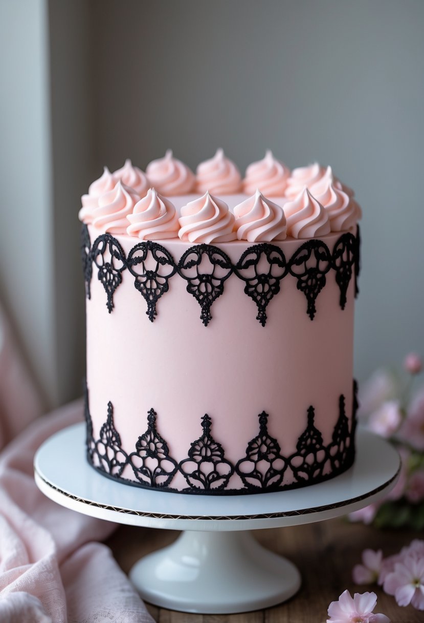 A pink fondant cake decorated with black lace details on a white cake stand against a neutral background.
