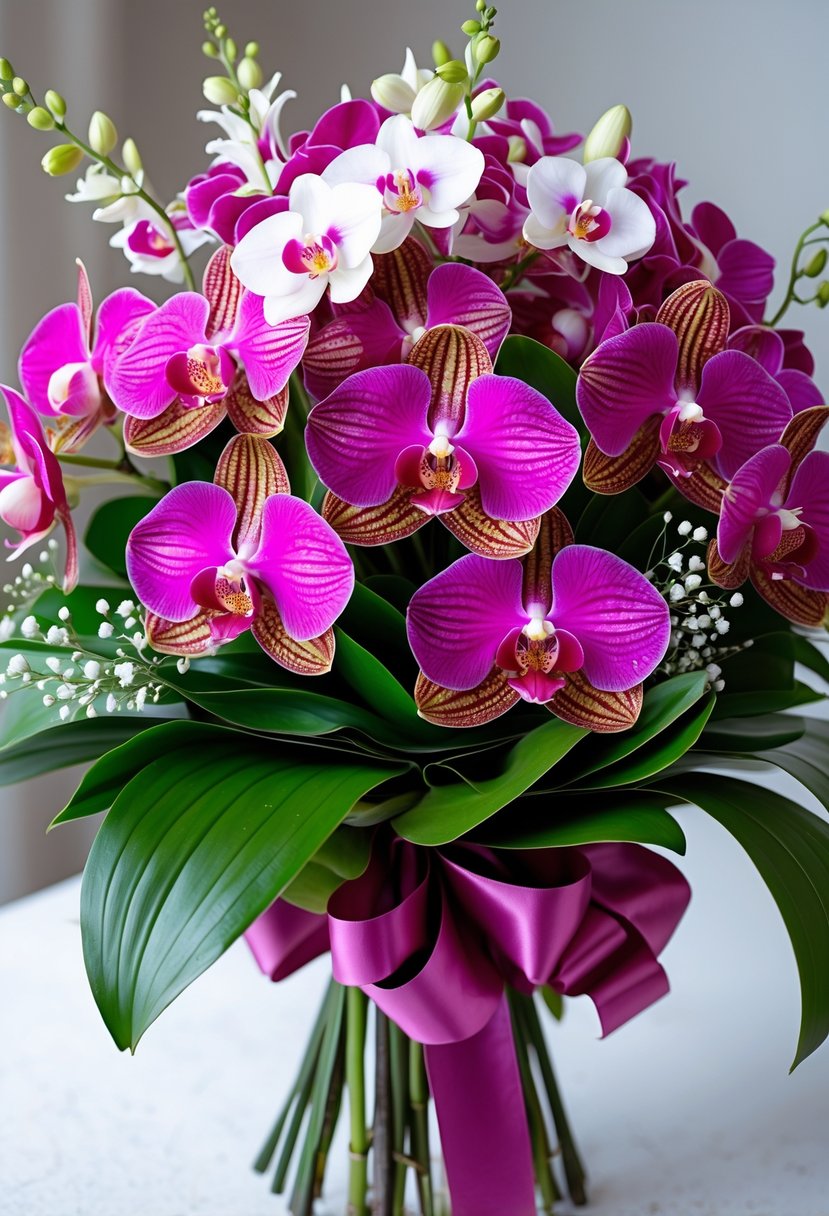 A vibrant magenta orchid bouquet with green leaves and white accent flowers, arranged as a prom bouquet with a satin ribbon.