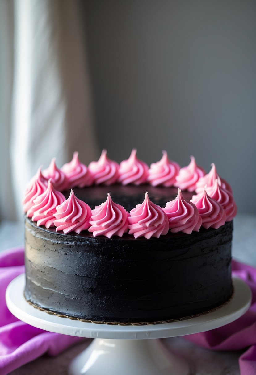 A black velvet cake decorated with bright pink buttercream rosettes on a white cake stand.