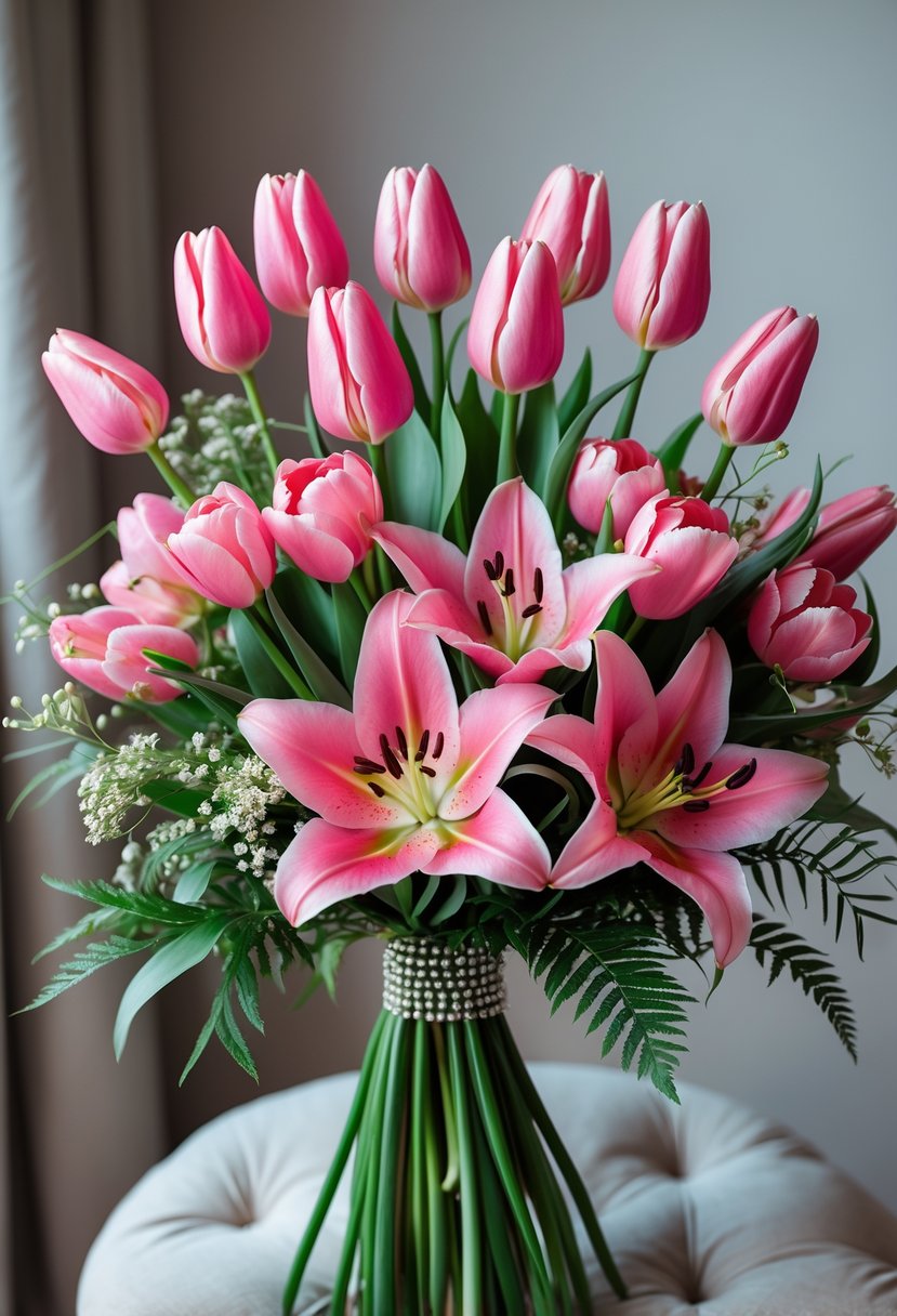 A bouquet of pink tulips and pink lilies with green leaves.