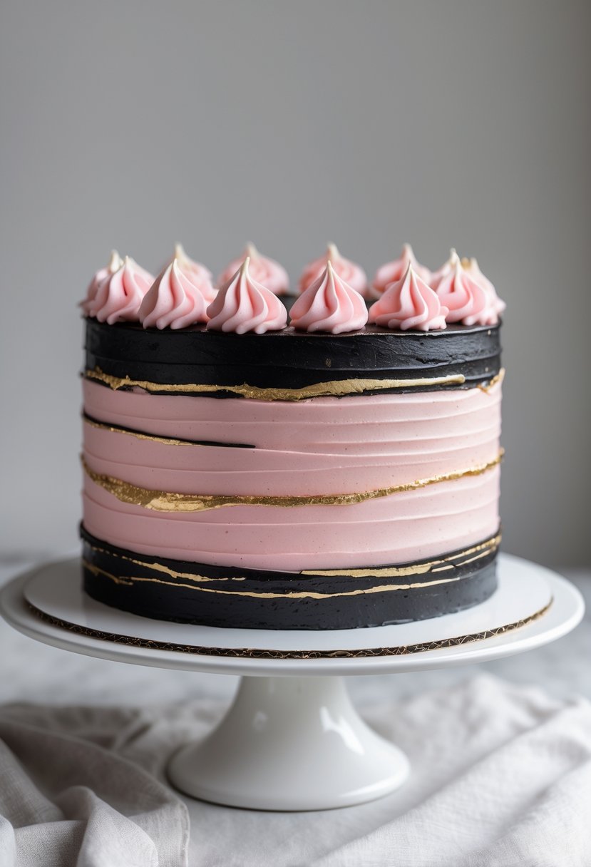 A pink and black striped cake with gold accents on a white cake stand against a plain background.