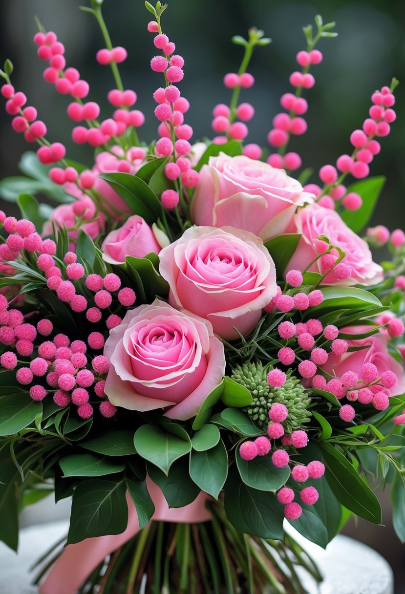 A close-up of a pink prom bouquet with roses and pink hypericum berries surrounded by green leaves.