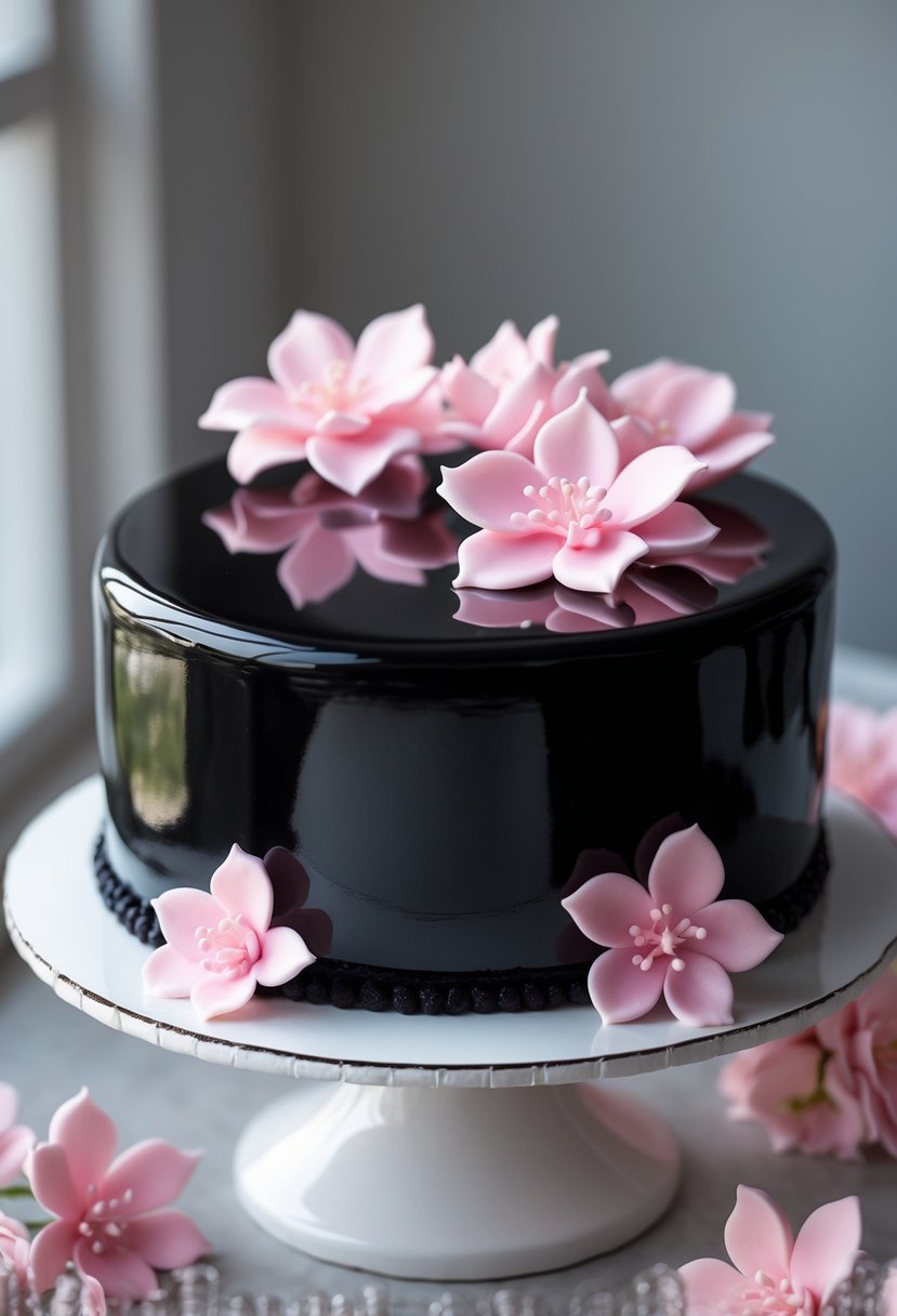 A round black glazed cake decorated with pink sugar flowers on a white cake stand.