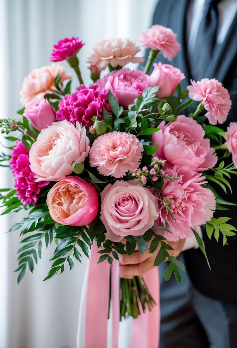 A mixed pink floral bouquet with roses, peonies, and carnations held by a person wearing formal prom clothing.