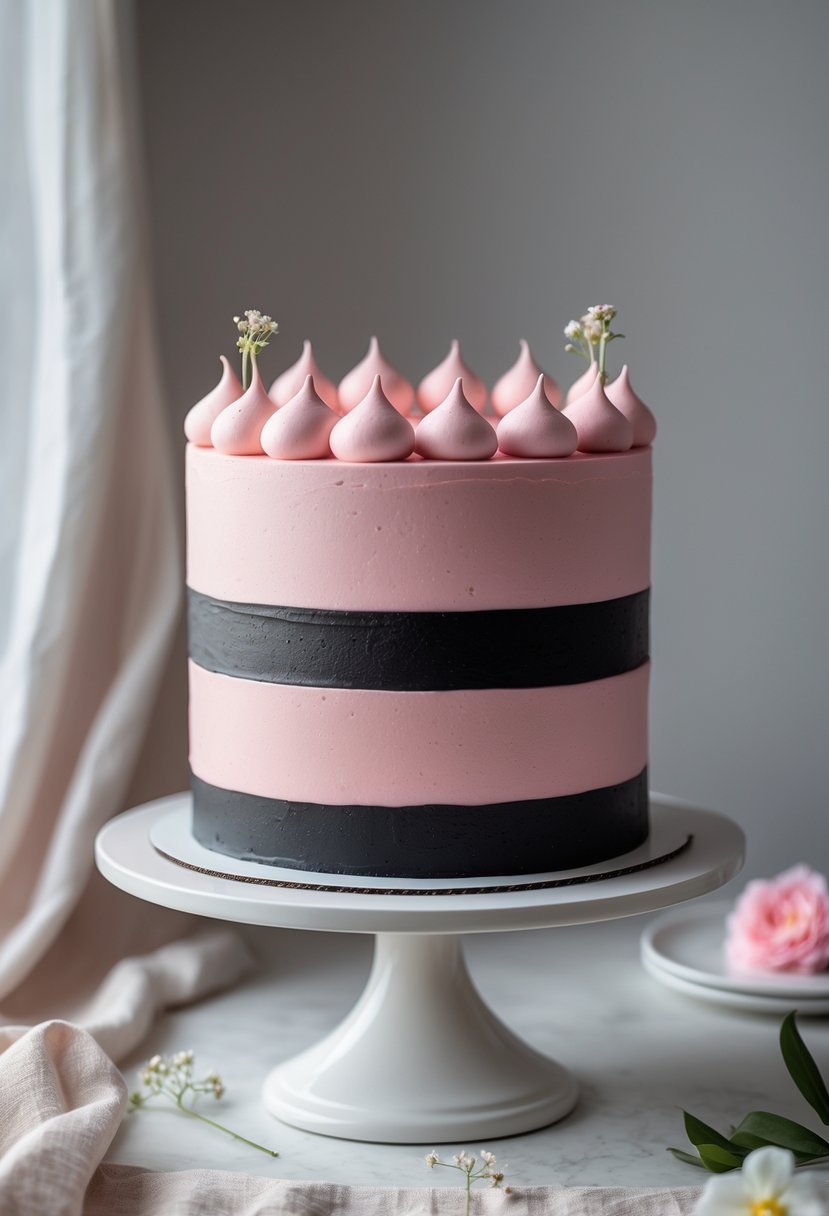 A layered cake with pink and black checkerboard pattern and smooth frosting on a white cake stand.