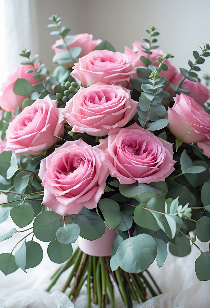 A bouquet of pink garden roses with eucalyptus leaves arranged together.