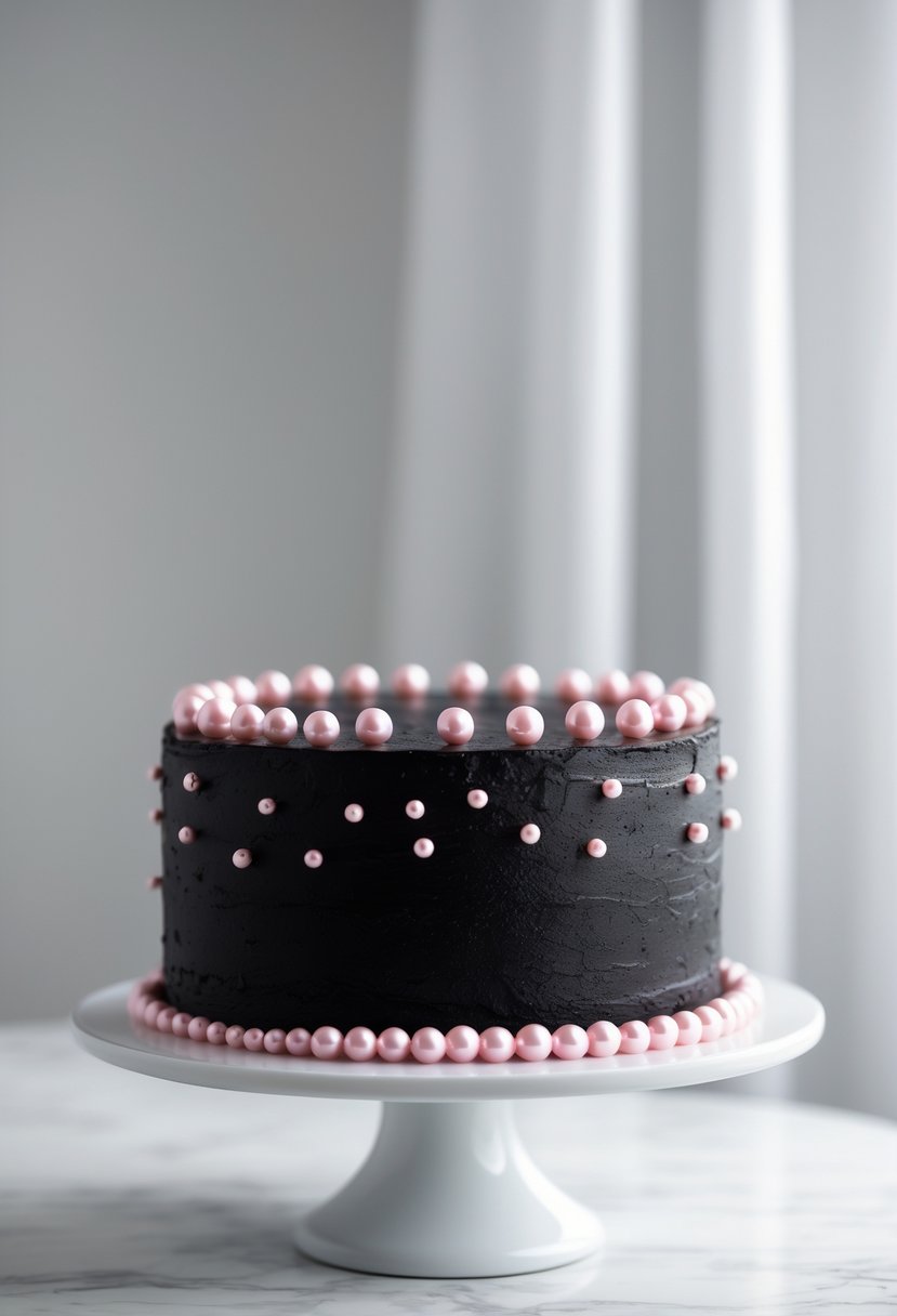 A black cake decorated with pink edible pearls on a white cake stand.