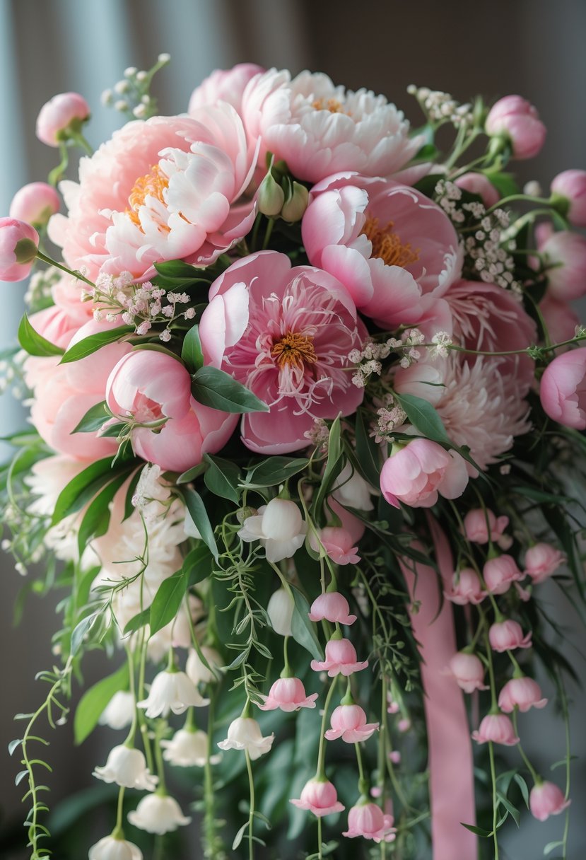 A cascading bouquet of pink peonies and sweet pea flowers with green leaves.