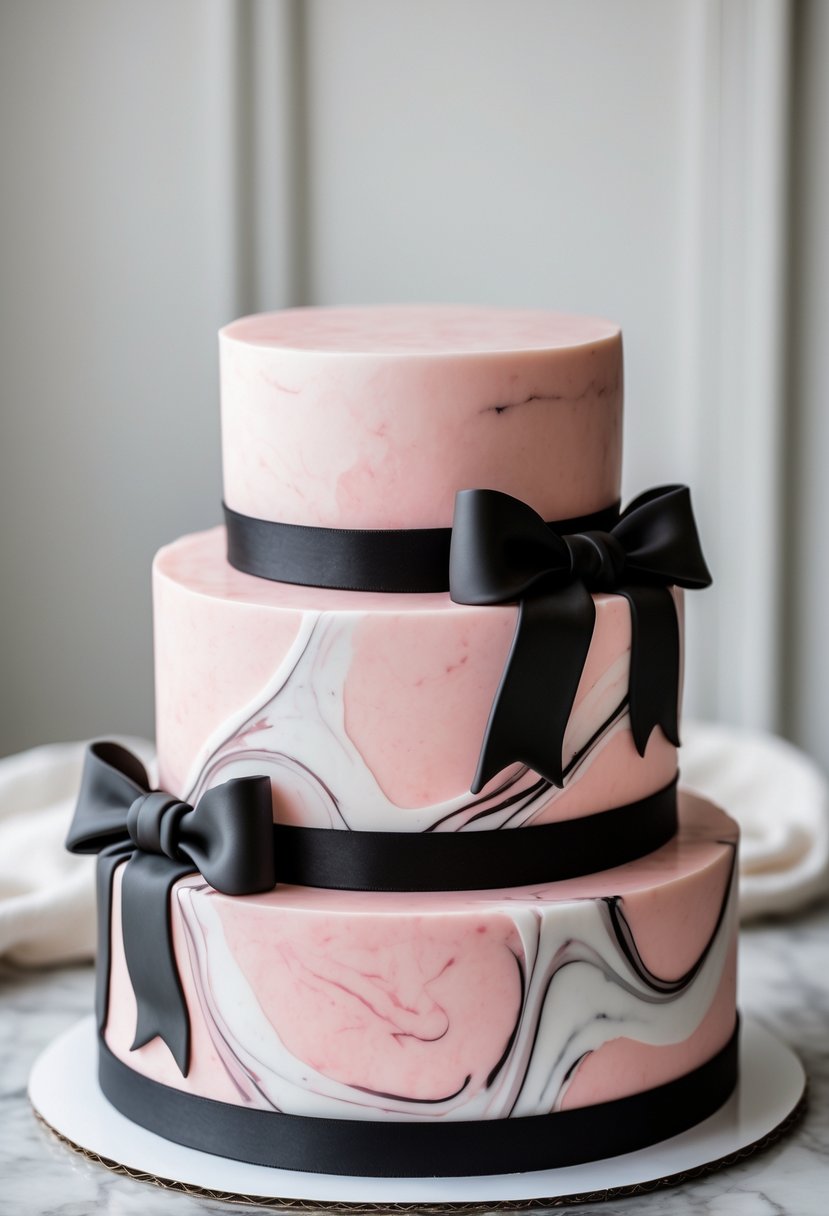 A pink marble effect cake decorated with black fondant ribbons on a neutral background.