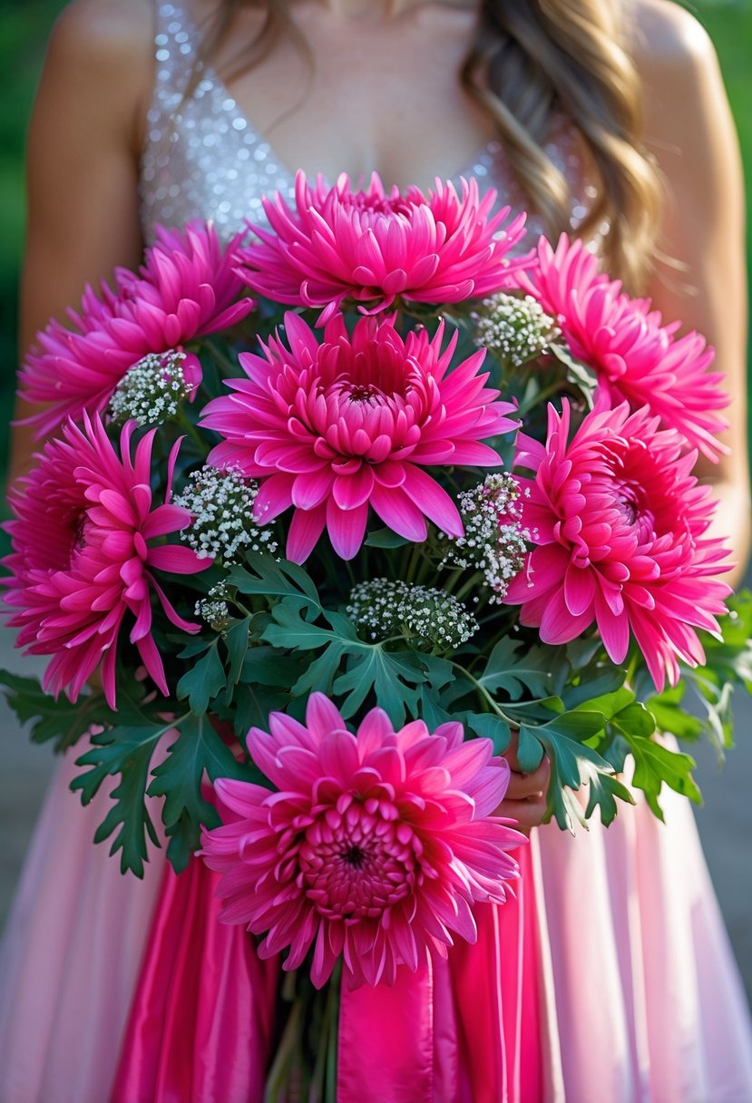 A vibrant hot pink chrysanthemum bouquet held by a person in formal prom attire.