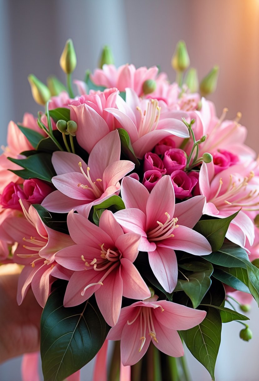 A close-up of a pink Alstroemeria flower bouquet with green leaves.