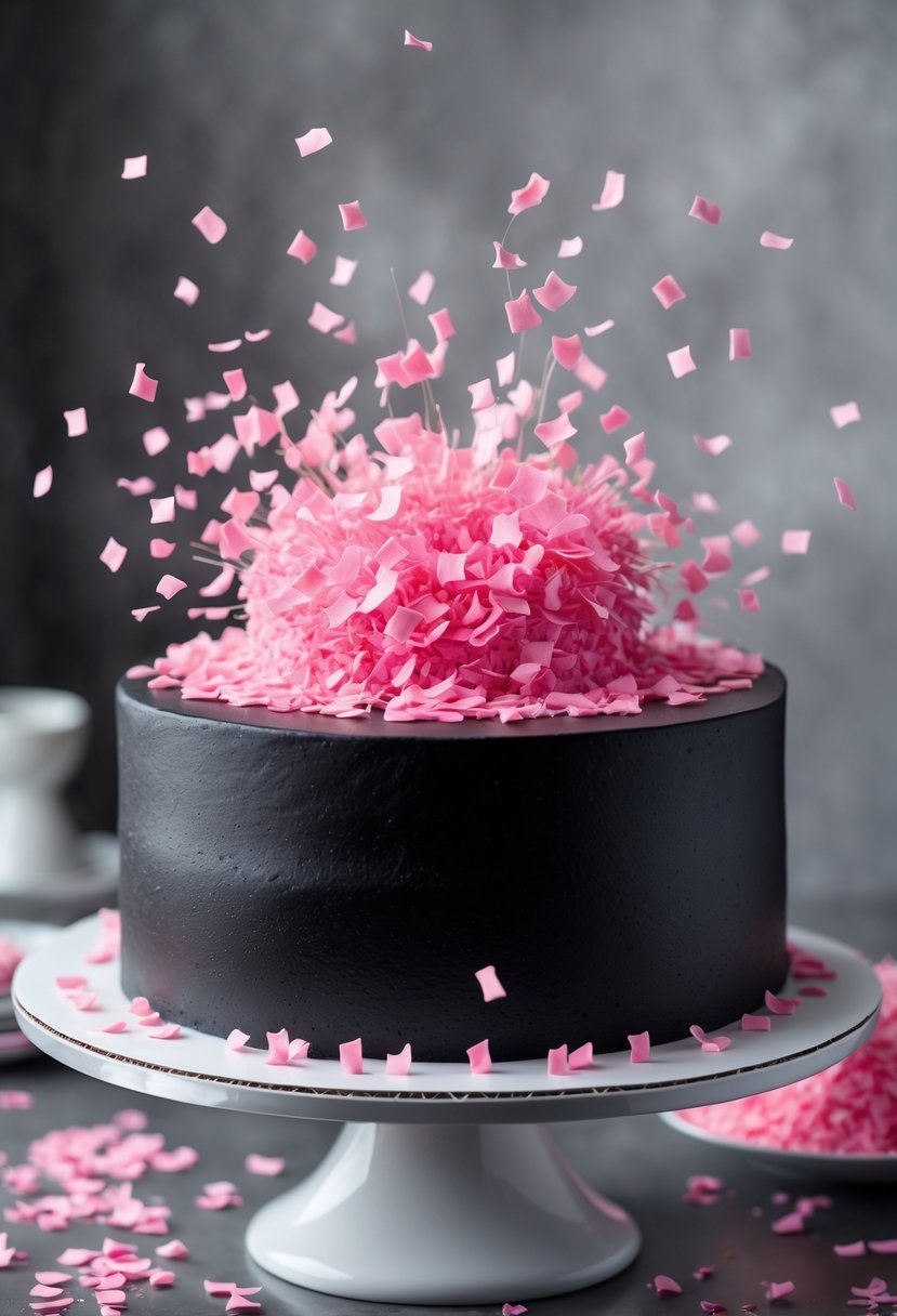 A black cake decorated with pink edible confetti scattered on top and sides.