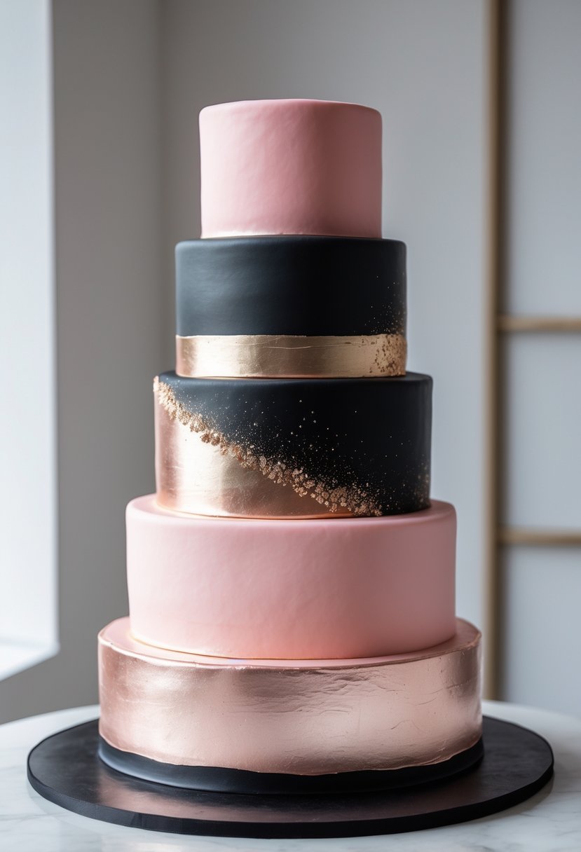 A tiered cake with pink and black layers decorated with metallic paint on a plain background.