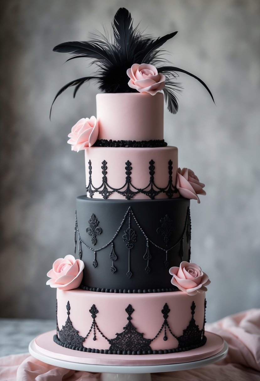 A multi-tiered pink and black cake decorated with lace patterns, feathers, and bows on a white cake stand.
