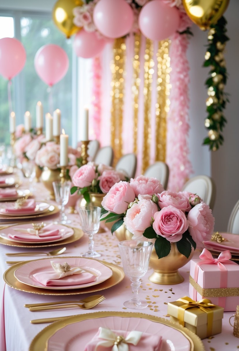 A bridal shower table decorated with pink flowers, gold accents, balloons, and elegant table settings.