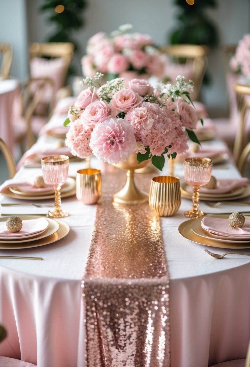 A table set with a soft pink tablecloth and a gold sequin runner, decorated with pink flowers and gold accents.