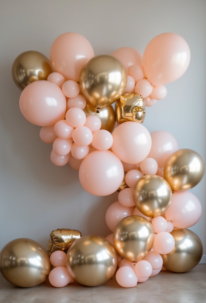 A blush pink and metallic gold balloon garland arranged for a bridal shower celebration.