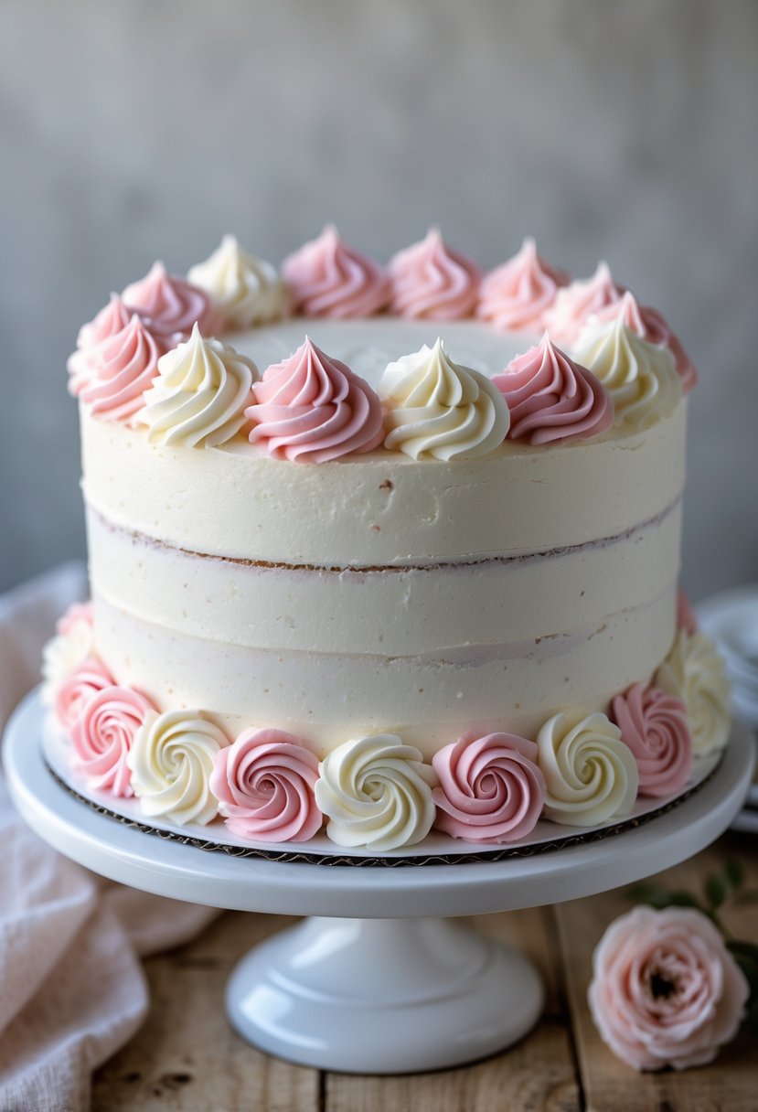 A round cake decorated with pink and white rosette frosting on a white cake stand.