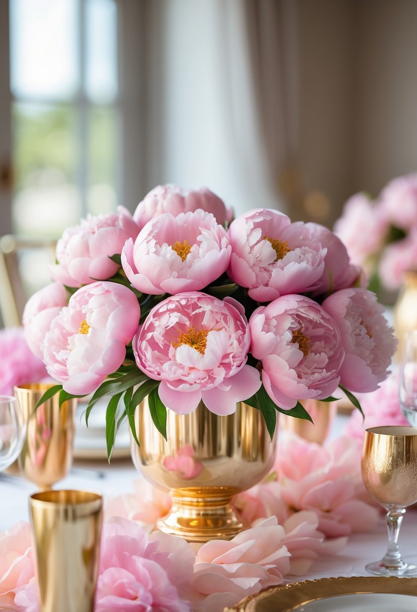 A table with pink peonies arranged in gold vases as a centerpiece for a bridal shower.
