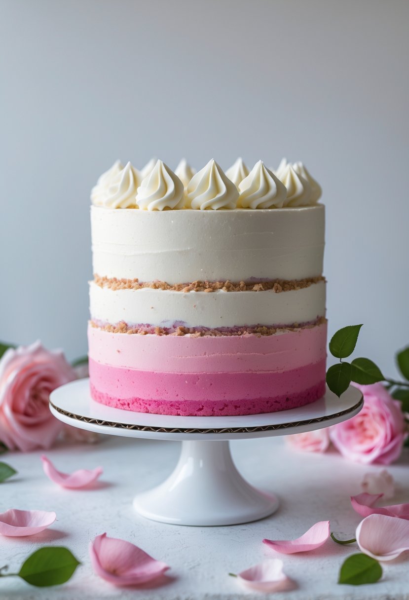 A pink ombre layer cake with white buttercream frosting on a white cake stand, decorated with pink rose petals and green leaves.
