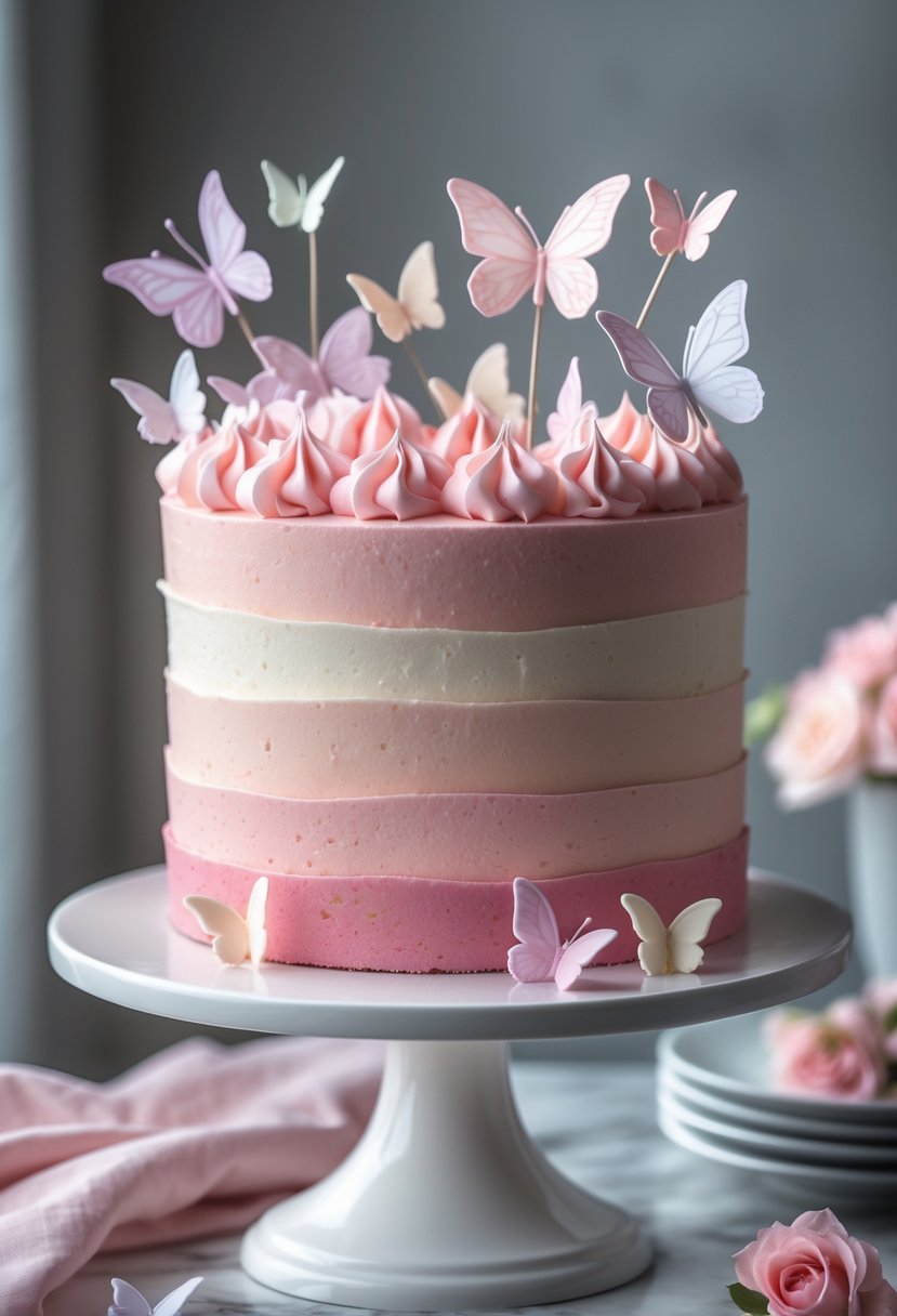 A pink ombré layered cake decorated with edible butterfly toppers on a white cake stand.