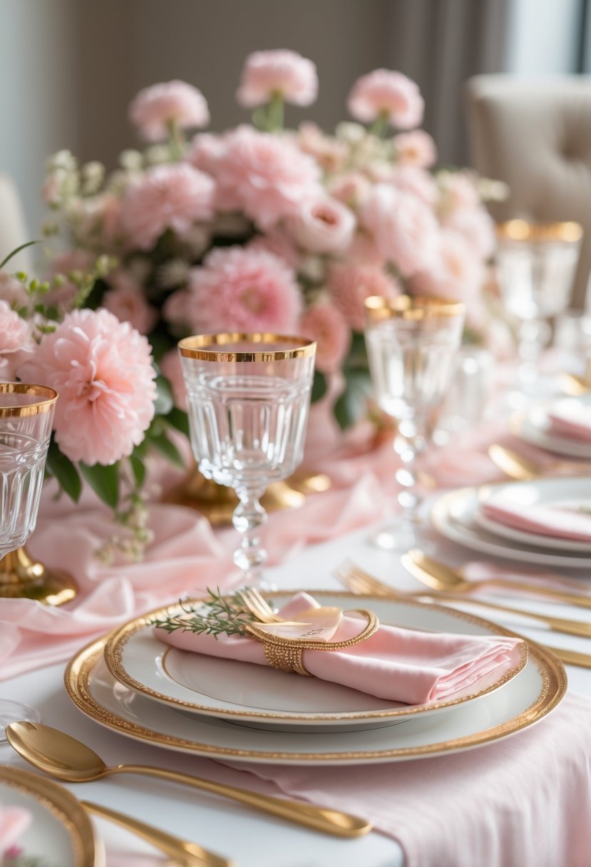 A beautifully arranged bridal shower table with gold-rimmed glasses and plates, pink flowers, and gold utensils.