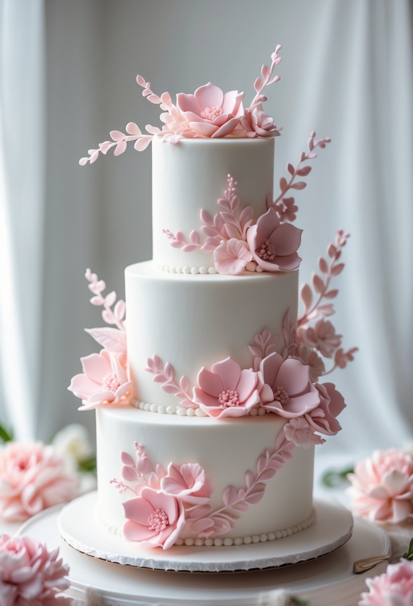 A white fondant cake decorated with pink flowers on a simple surface.