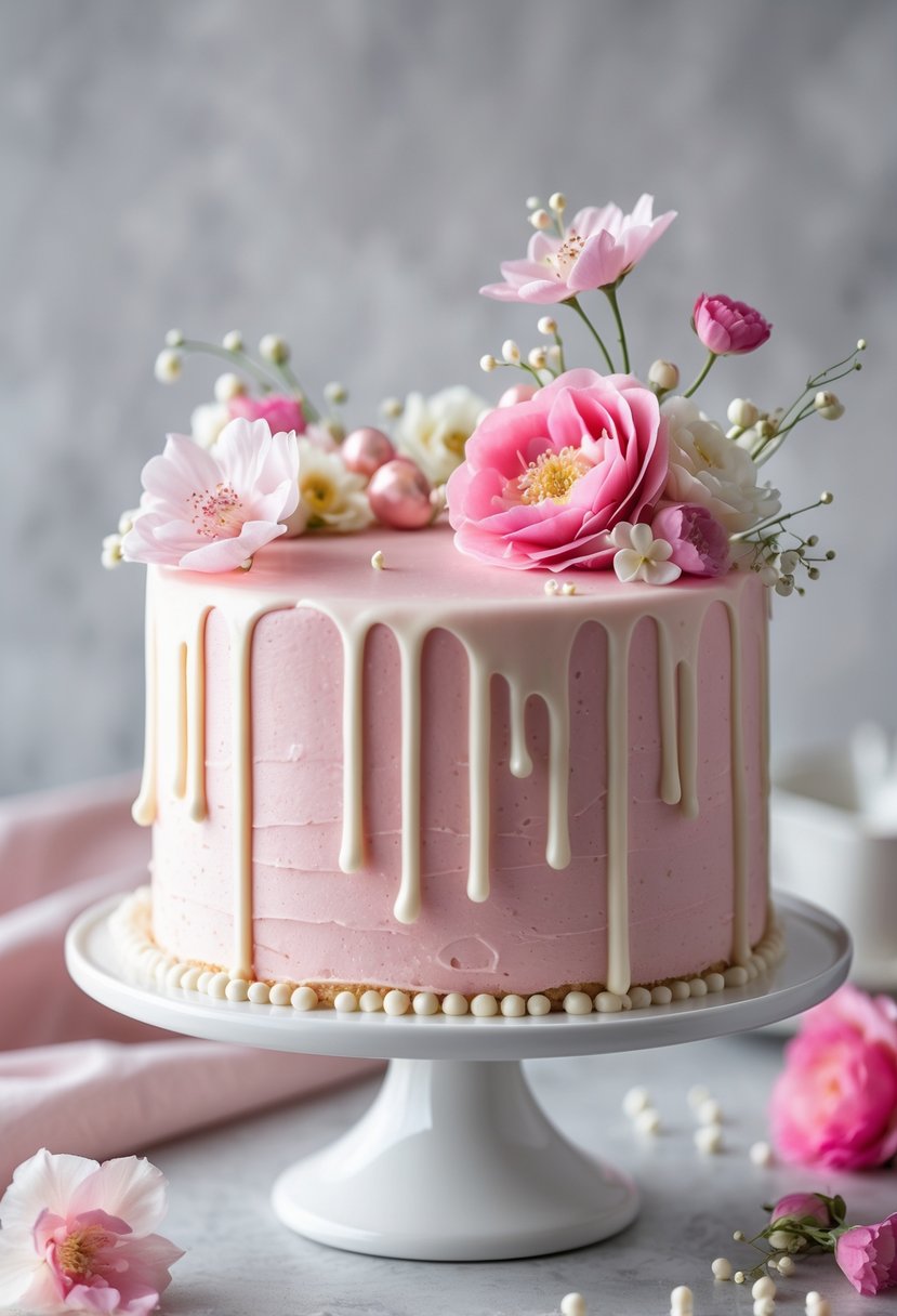 A pink cake with white chocolate drizzle and floral decorations on a white cake stand.