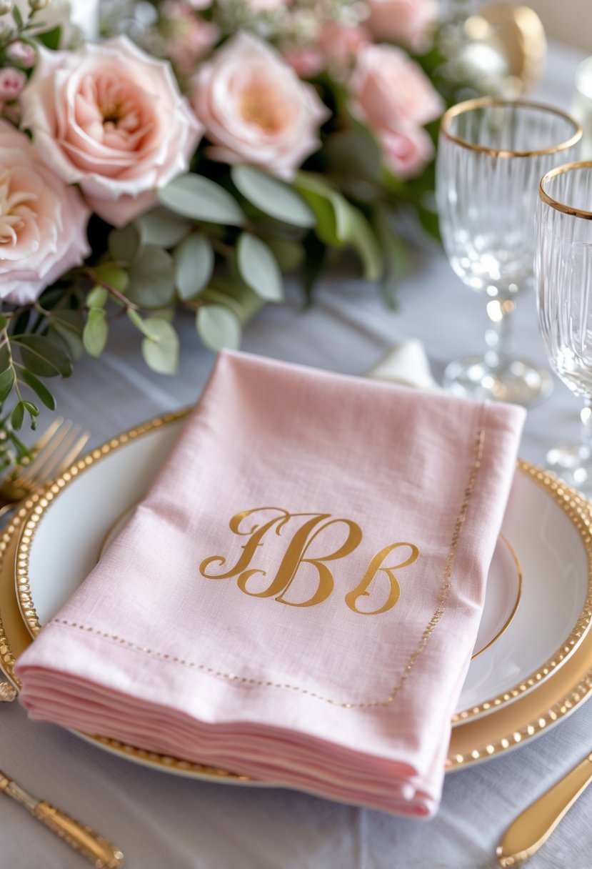 A table set for a bridal shower with pink and gold monogrammed napkins, plates, glassware, and floral decorations.