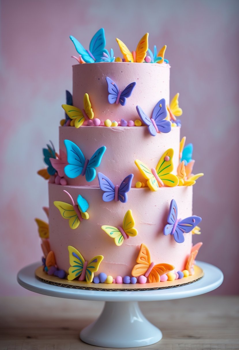 A two-tier pink buttercream cake decorated with colorful fondant butterflies on a white cake stand.