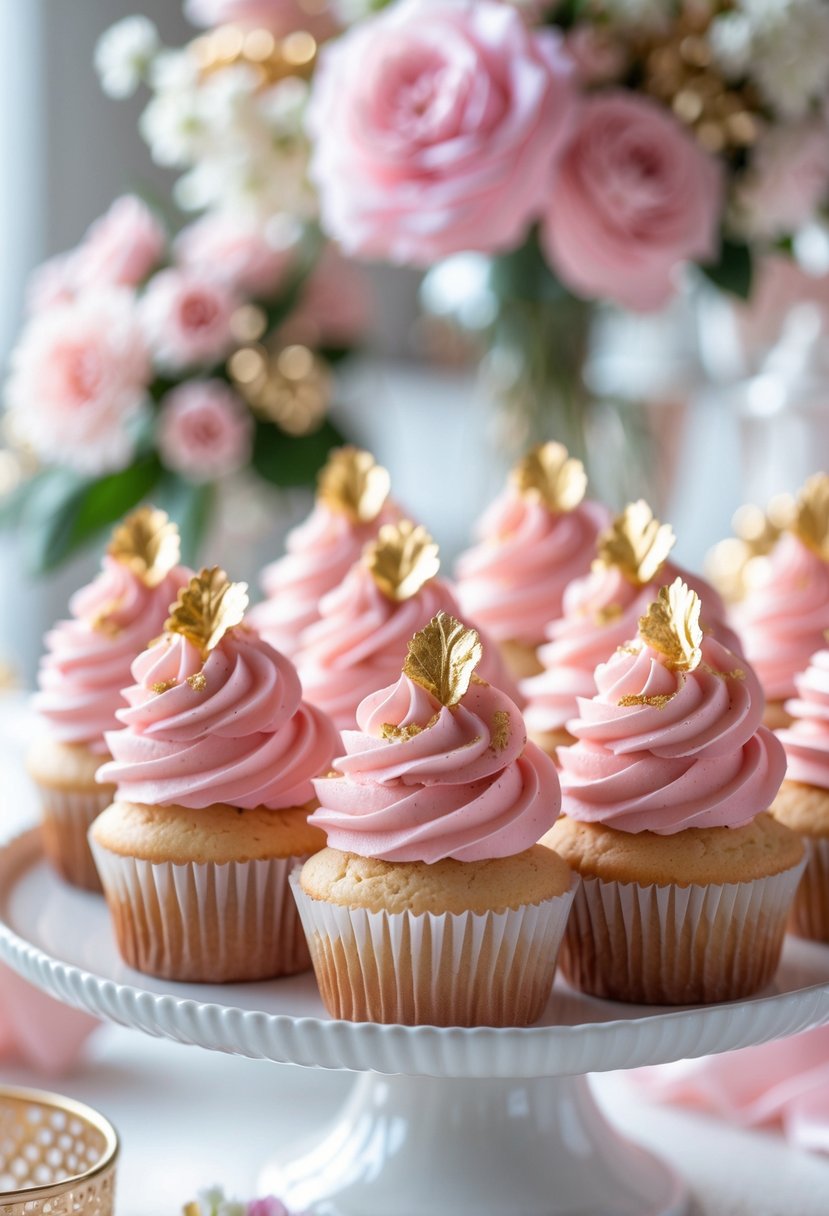 Close-up of pink ombre cupcakes with edible gold leaf on a white platter surrounded by pink and gold bridal shower decorations.