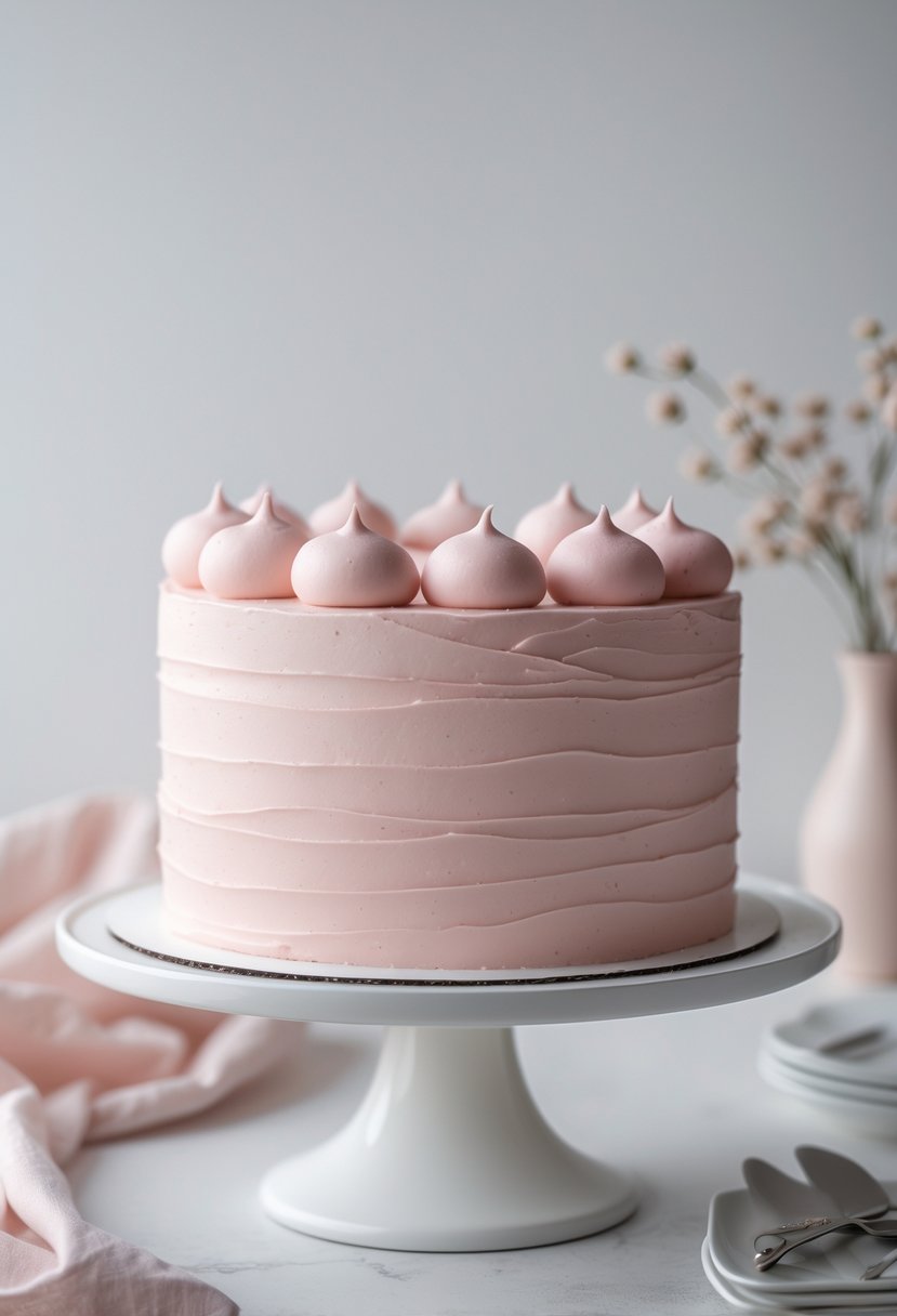 A pink frosted cake with white accents on a white cake stand against a clean background.