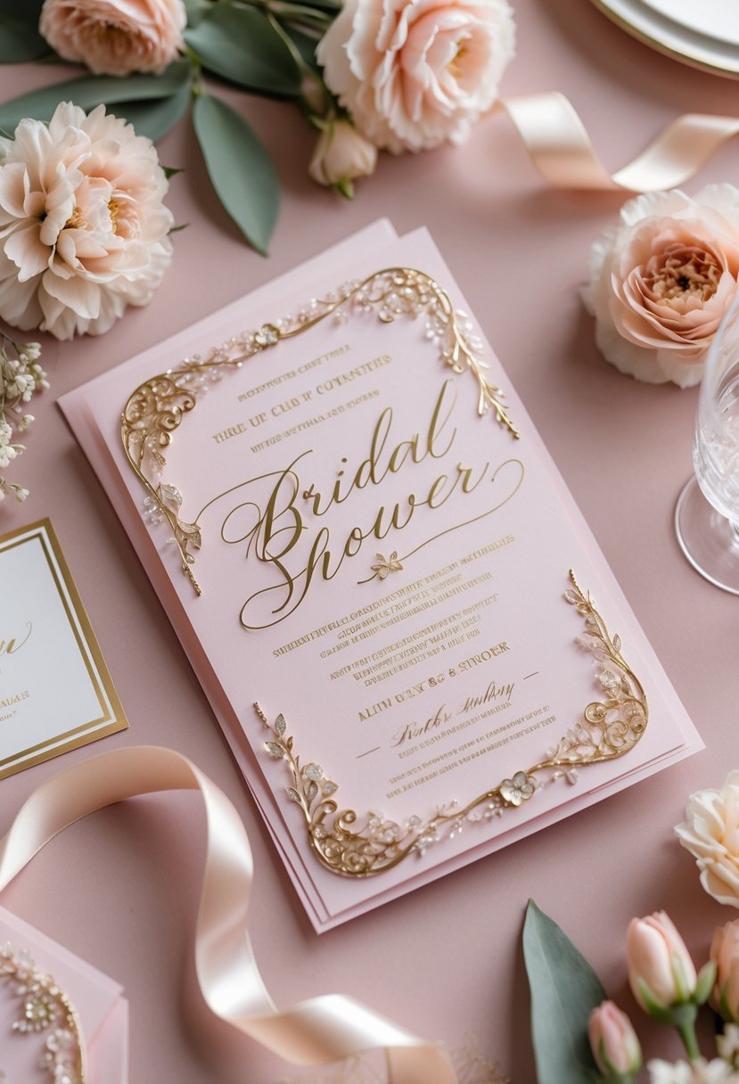 Pink invitation cards with gold calligraphy surrounded by bridal shower decorations on a pink surface.