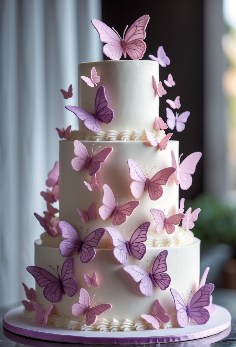 A multi-tiered white cake decorated with pink and purple edible wafer butterflies cascading down the side.