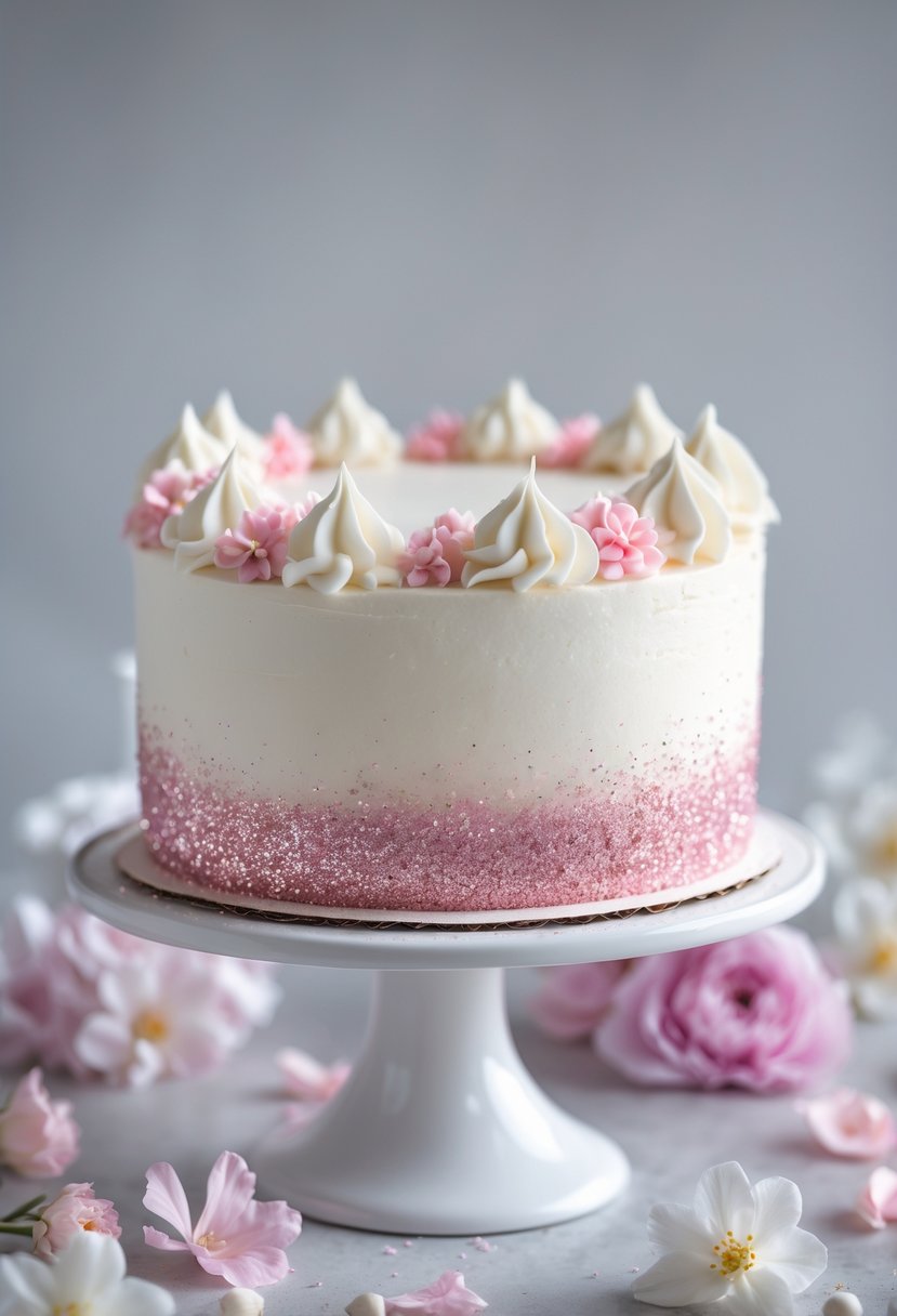A white cake decorated with pink edible glitter on a white cake stand with soft pink and white decorations around it.