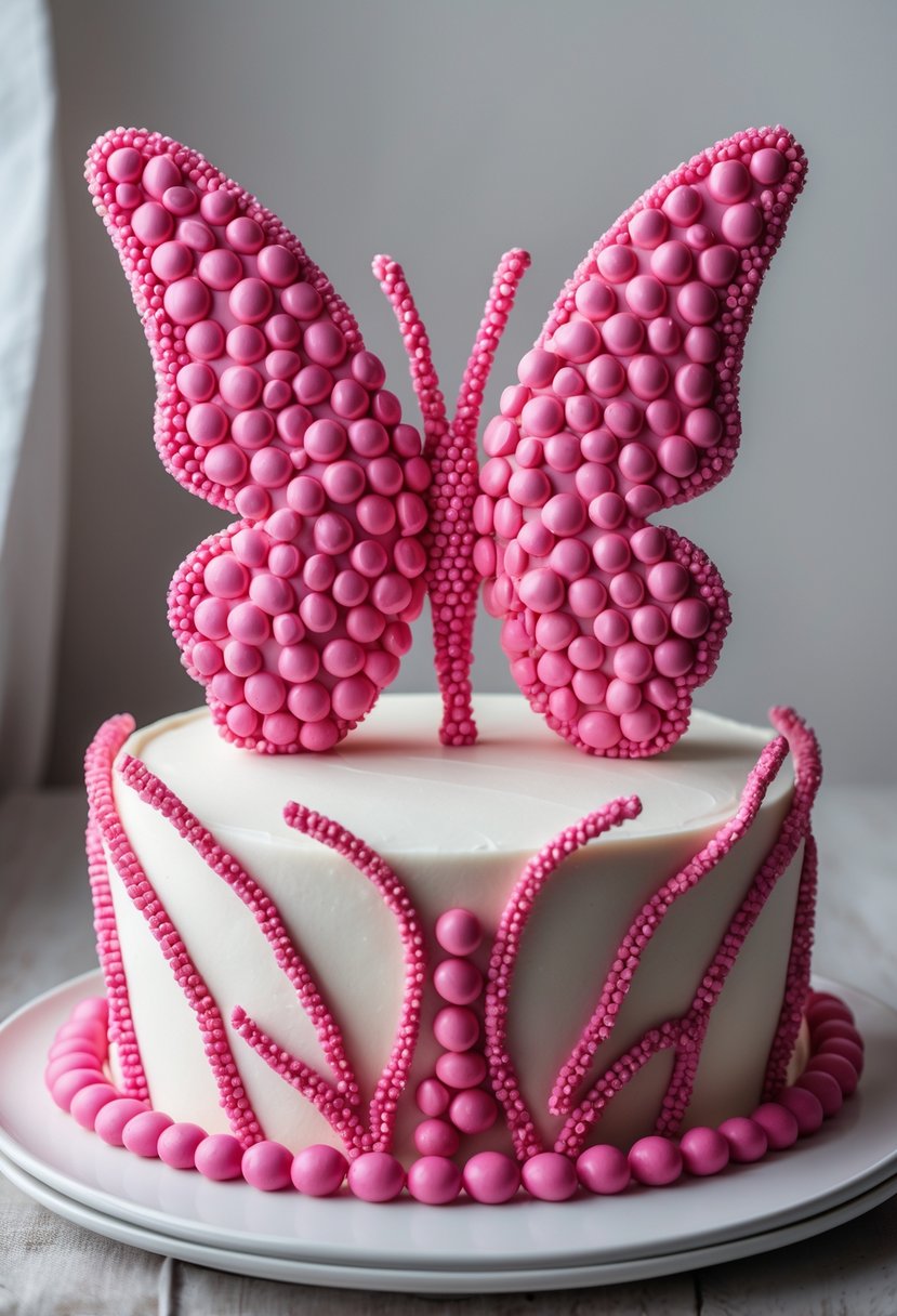 Butterfly-shaped cake decorated with pink candy-coated chocolates on a white plate.
