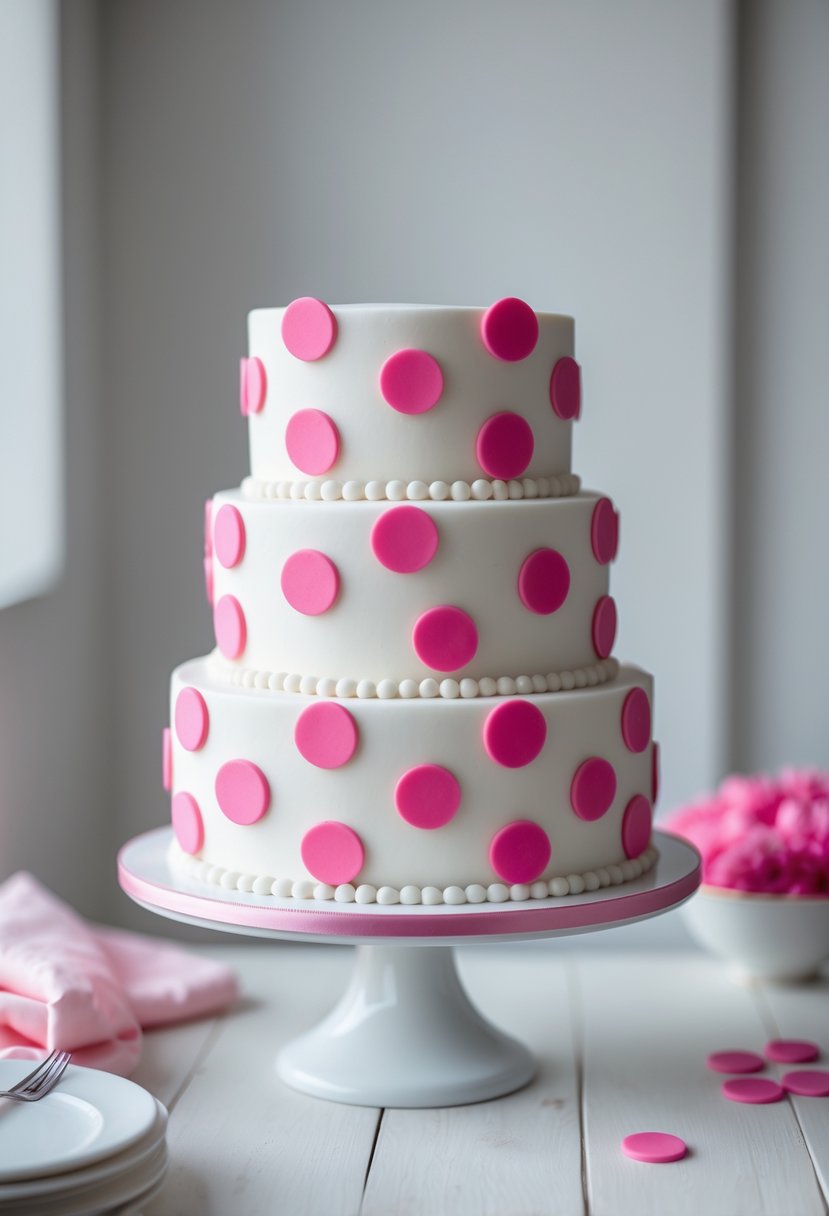 A multi-tiered cake decorated with pink and white polka dots on a white cake stand.