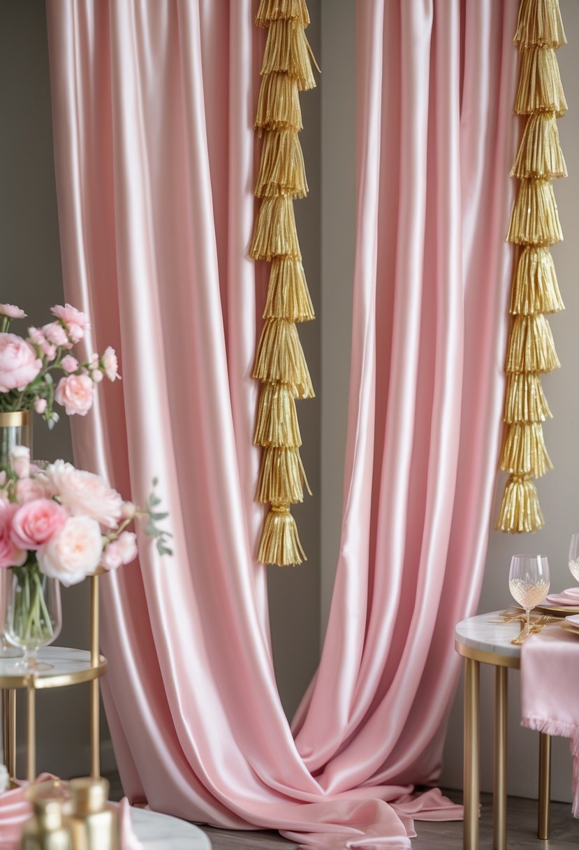 Pink silk drapes with gold tassels arranged as a decorative backdrop with soft pink and gold bridal shower decorations.