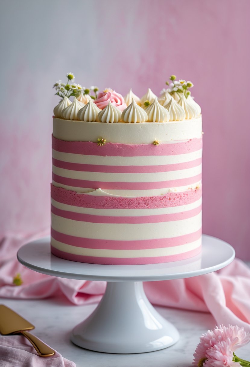 A pink and white striped layered cake on a white cake stand with a soft pastel background.