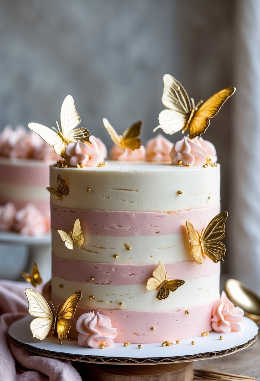 A pink and white cream cake decorated with golden butterfly accents on a neutral background.