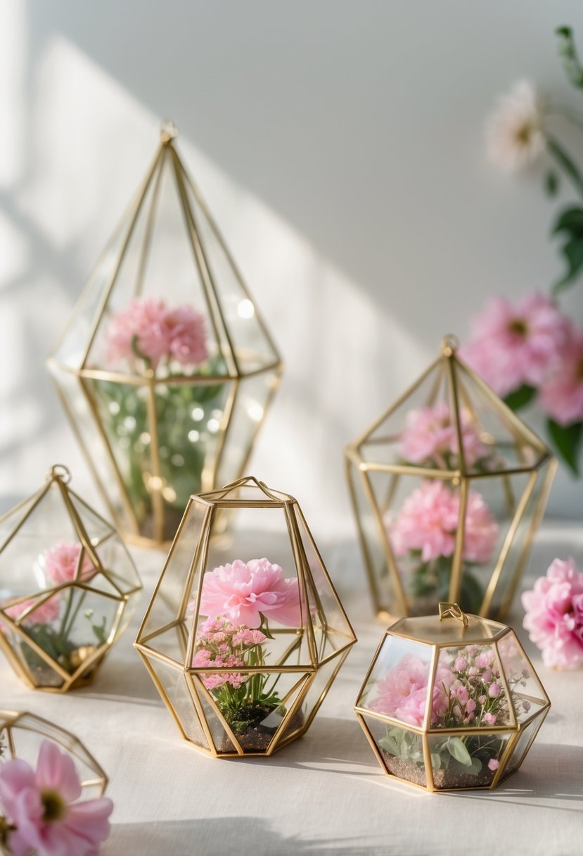 Gold geometric terrariums filled with pink flowers arranged on a light surface.