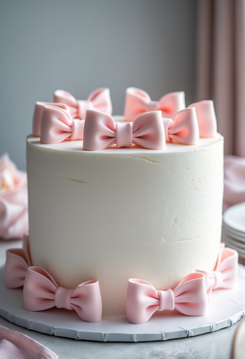 A white cake decorated with pink fondant bows on a blurred pastel background.