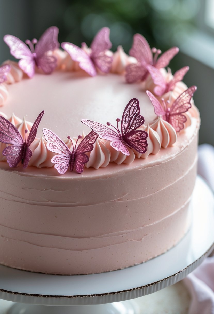 A round pink frosted cake topped with shimmering butterfly-shaped sugar decorations on a white cake stand.