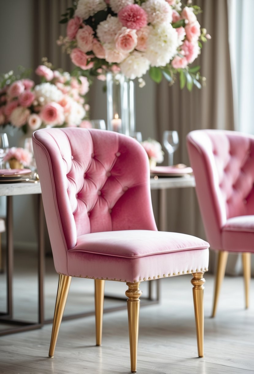Pink velvet chairs with gold legs arranged in a decorated space for a bridal shower.