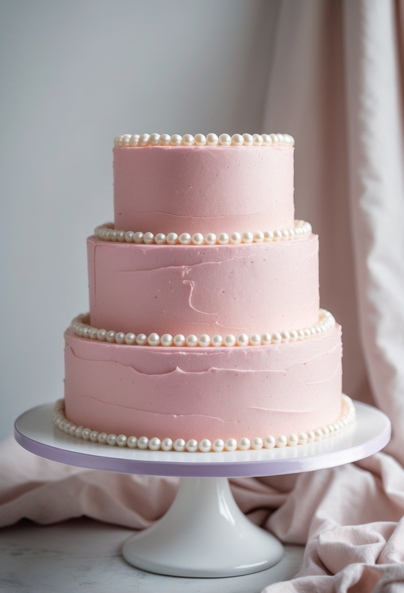 A pink cake with white pearl borders displayed on a white cake stand against a neutral background.