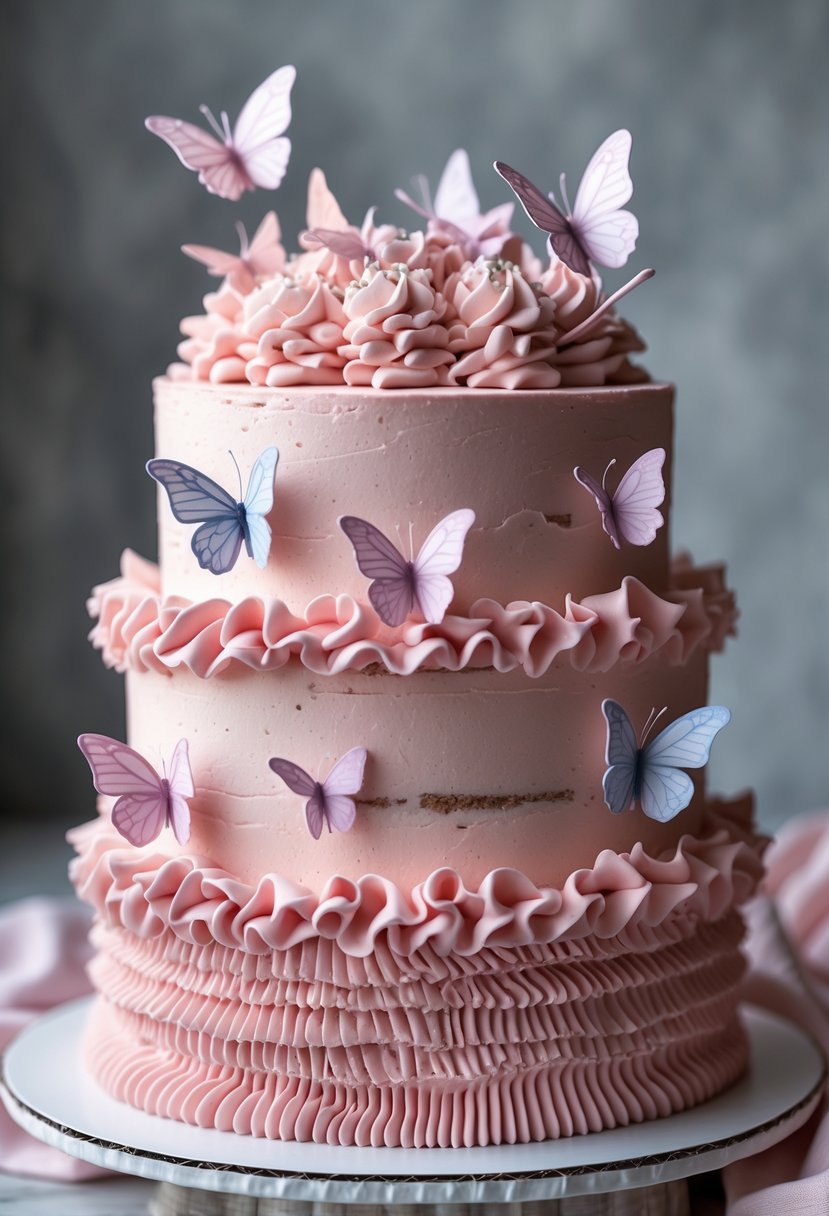 A pink ruffle buttercream cake decorated with delicate edible butterflies on top and around the sides.