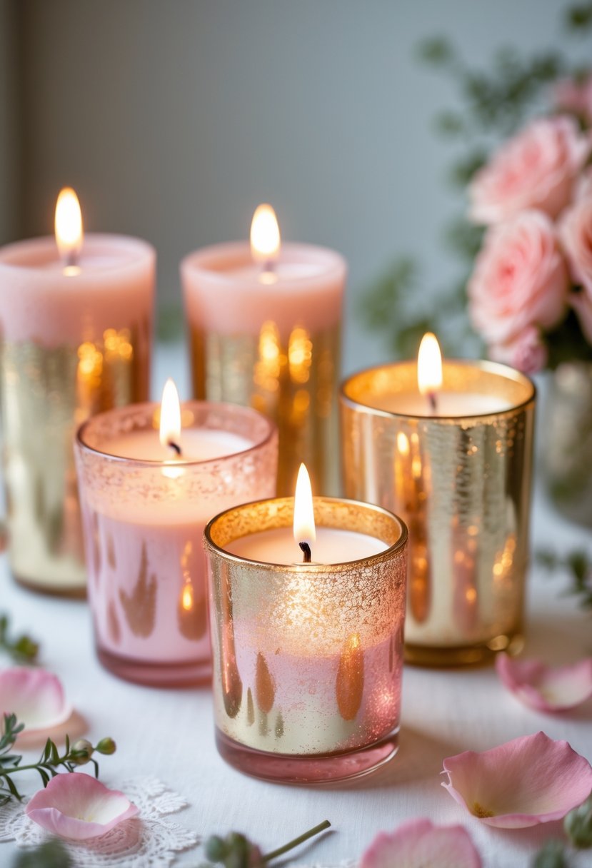 Lit candles in pink and gold mercury glass holders arranged on a light surface with soft pink petals and greenery around them.